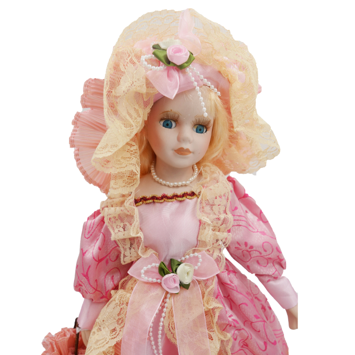 Păpușă de colecție, din porțelan, rochie vintage cu bonetă, cu suport, roz, 43 cm [4]