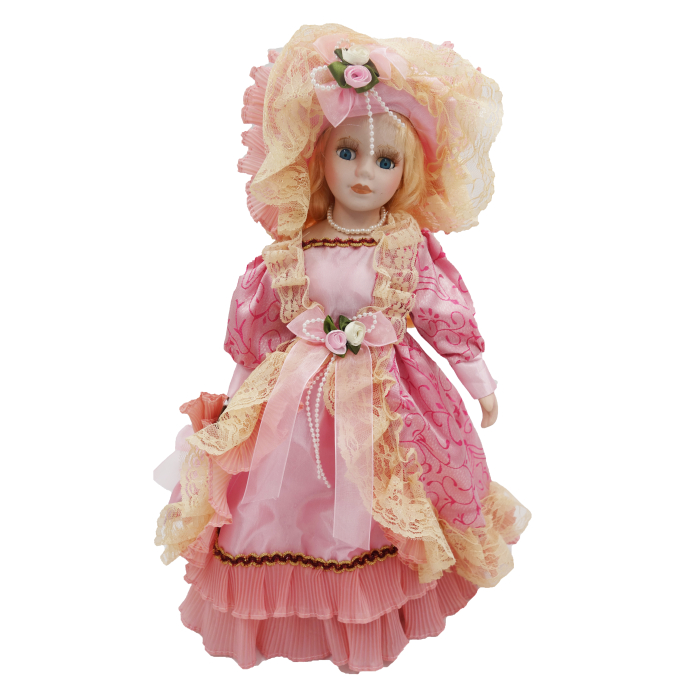 Păpușă de colecție, din porțelan, rochie vintage cu bonetă, cu suport, roz, 43 cm [5]