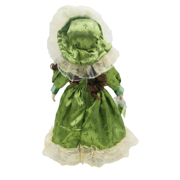 Păpușă de colecție, din porțelan, rochie vintage cu bonetă, cu suport, verde, 43 cm [2]