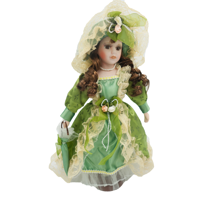Păpușă de colecție, din porțelan, rochie vintage cu bonetă, cu suport, verde, 43 cm [1]