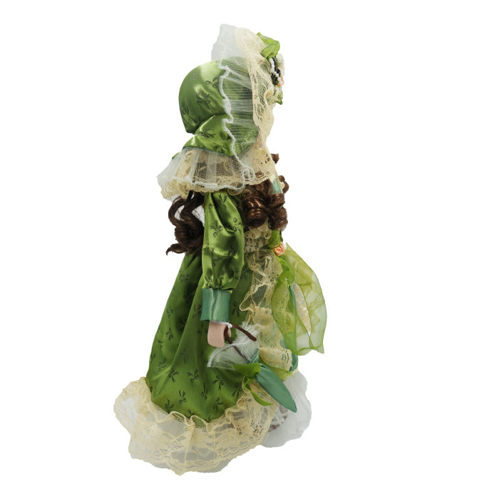 Păpușă de colecție, din porțelan, rochie vintage cu bonetă, cu suport, verde, 43 cm [3]