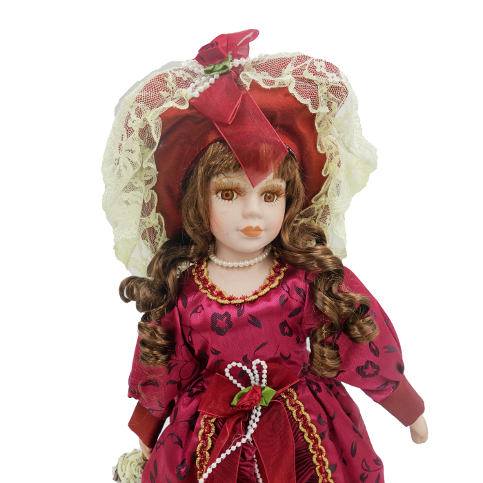 Păpușă de colecție, din porțelan, rochie vintage cu bonetă, cu suport, visiniu, 43 cm - Copie [4]