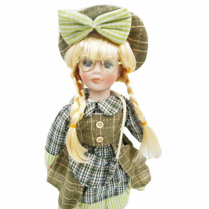Păpușă de colecție, din porțelan, rochie vintage, cu suport, olive, 42 cm [1]