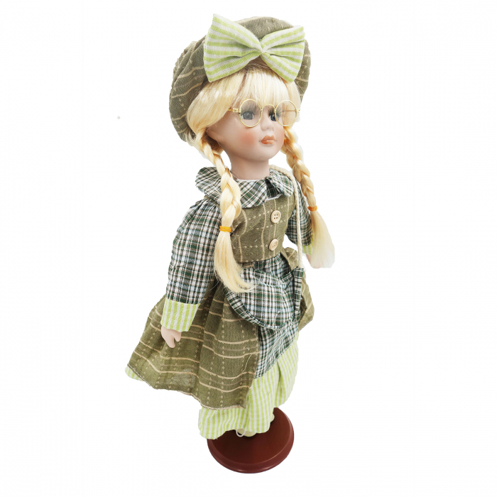 Păpușă de colecție, din porțelan, rochie vintage, cu suport, olive, 42 cm [3]