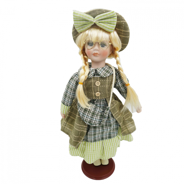 Păpușă de colecție, din porțelan, rochie vintage, cu suport, olive, 42 cm [2]