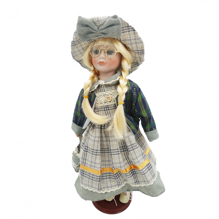 Păpușă de colecție, din porțelan, rochie vintage, cu suport, verde inchis, 42 cm [6]