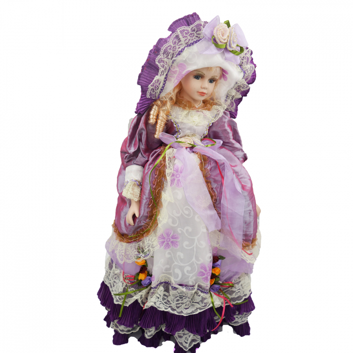 Păpușă de colecție, din porțelan, rochie vintage, cu suport din lemn, mov, 65 cm [3]