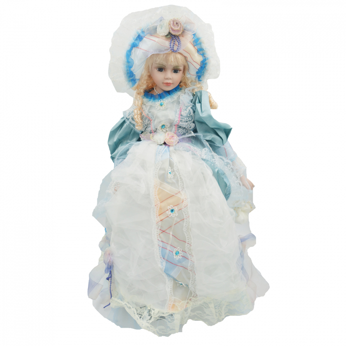 Păpușă de colecție, din porțelan, rochie vintage, cu suport din lemn, albastru, 65 cm [1]