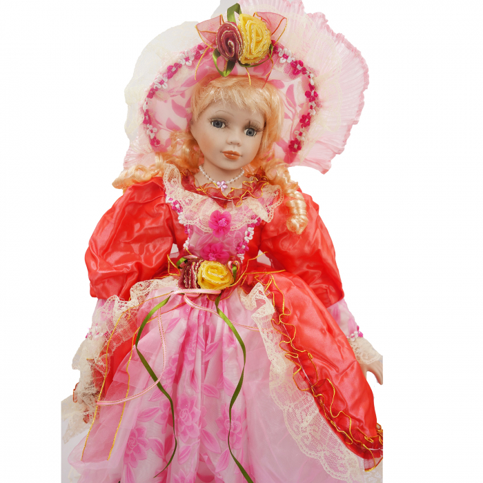 Păpușă de colecție, din porțelan, rochie vintage, cu suport din lemn, roz, 65 cm [2]