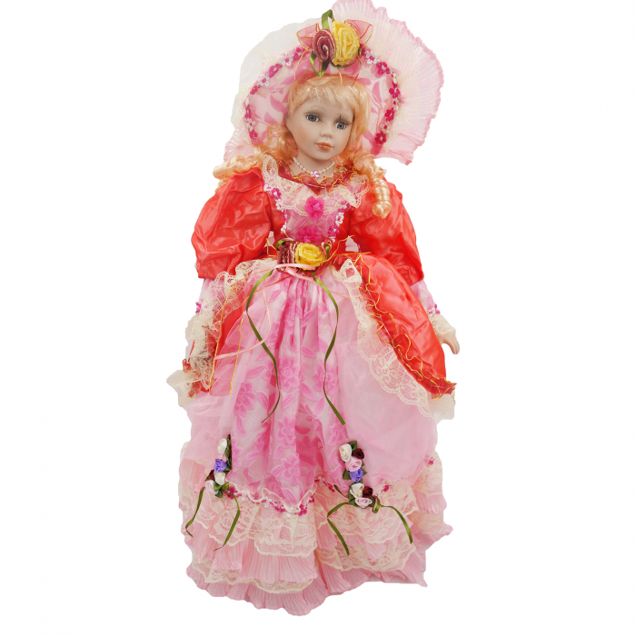 Păpușă de colecție, din porțelan, rochie vintage, cu suport din lemn, roz, 65 cm [1]