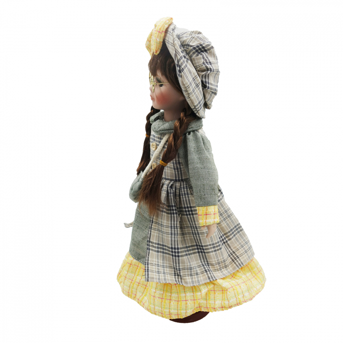 Păpușă de colecție, din porțelan, rochie vintage, cu suport, gri, 42 cm [5]