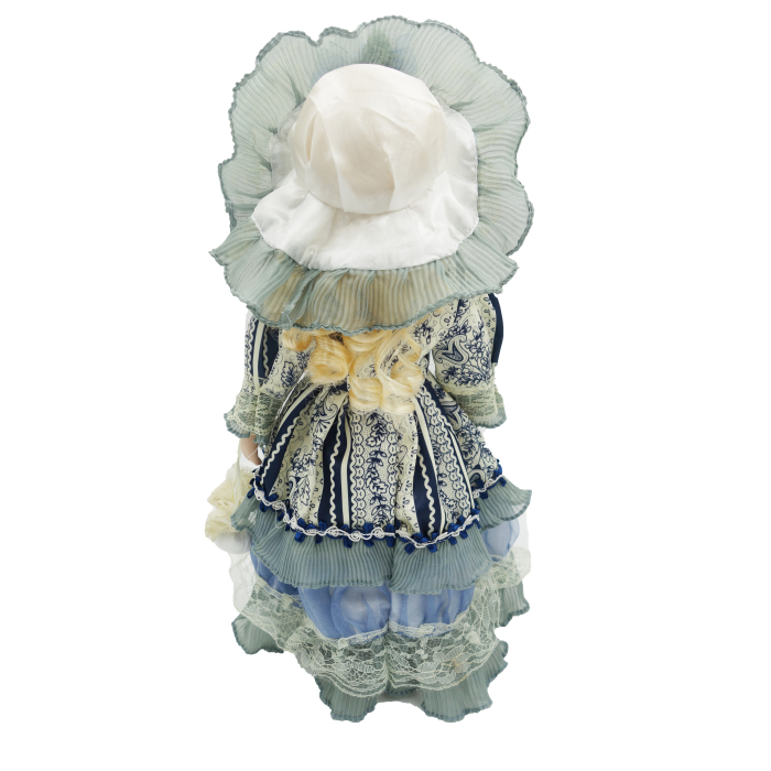Păpușă de colecție, din porțelan, rochie victoriană, cu suport, alb-albastru, 43 cm [3]