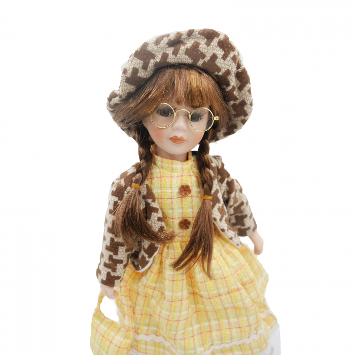 Păpușă de colecție, din porțelan, rochie vintage, cu suport, galben, 42 cm [6]