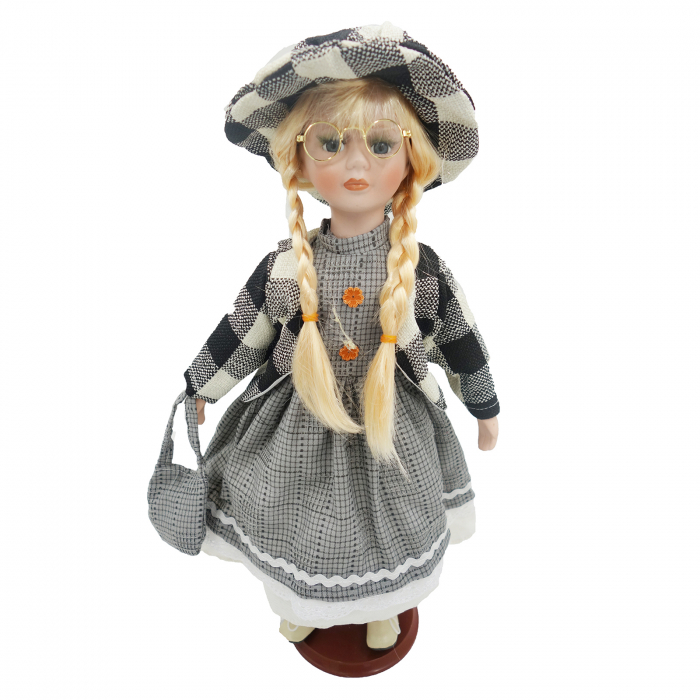 Păpușă de colecție, din porțelan, rochie vintage, cu suport, gri deschis, 42 cm [2]