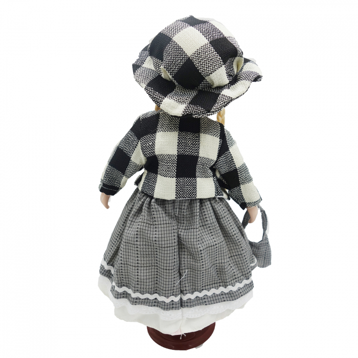 Păpușă de colecție, din porțelan, rochie vintage, cu suport, gri deschis, 42 cm [5]