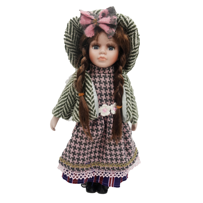 Păpușă de colecție, din porțelan, rochie vintage in carouri, 35 cm, roz/verde [1]