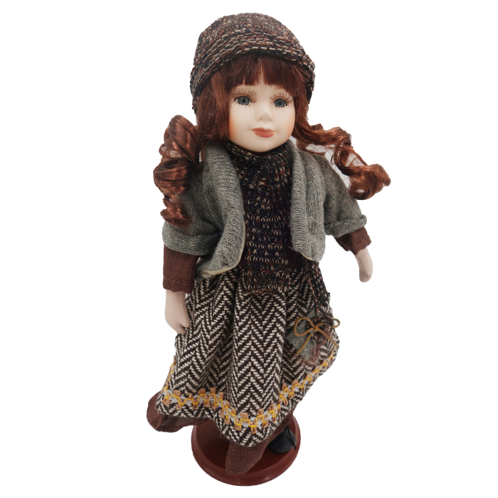 Păpușă de colecție, din porțelan, rochie vintage in carouri, 35 cm, fata zambitoare, gri [2]