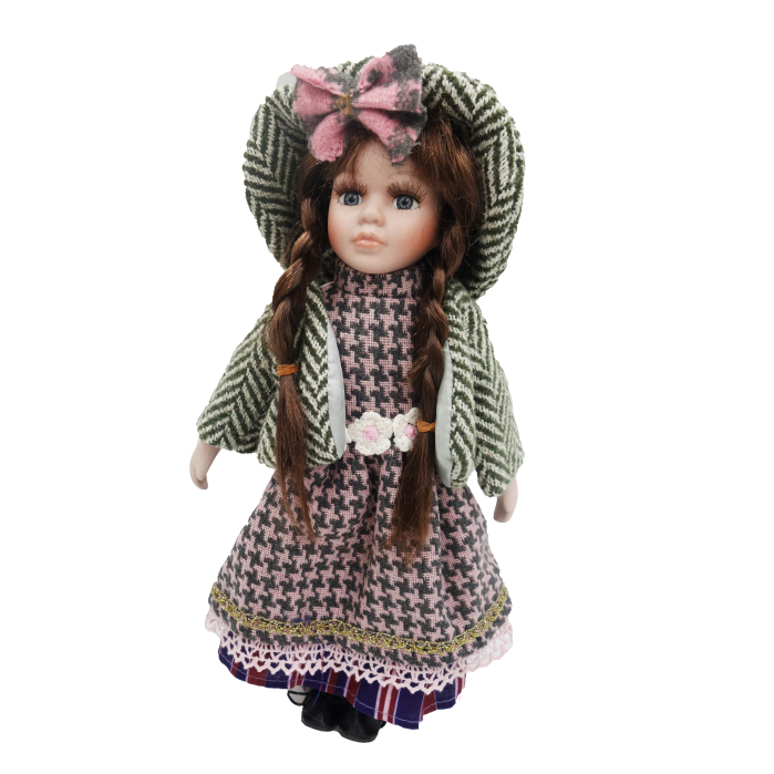 Păpușă de colecție, din porțelan, rochie vintage in carouri, 35 cm, roz/verde [2]