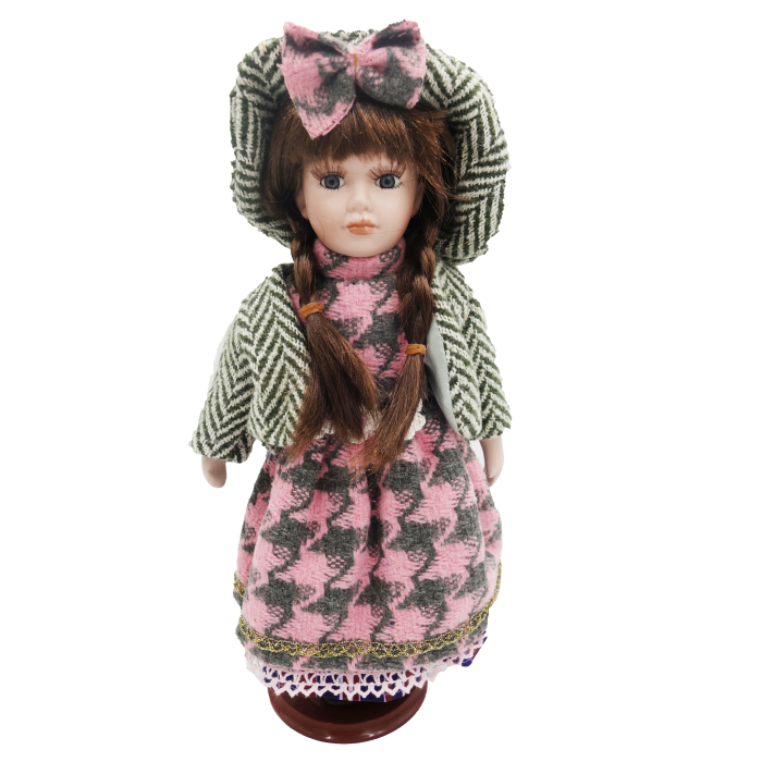Păpușă de colecție, din porțelan, rochie vintage in carouri, 35 cm,roz/gri [1]