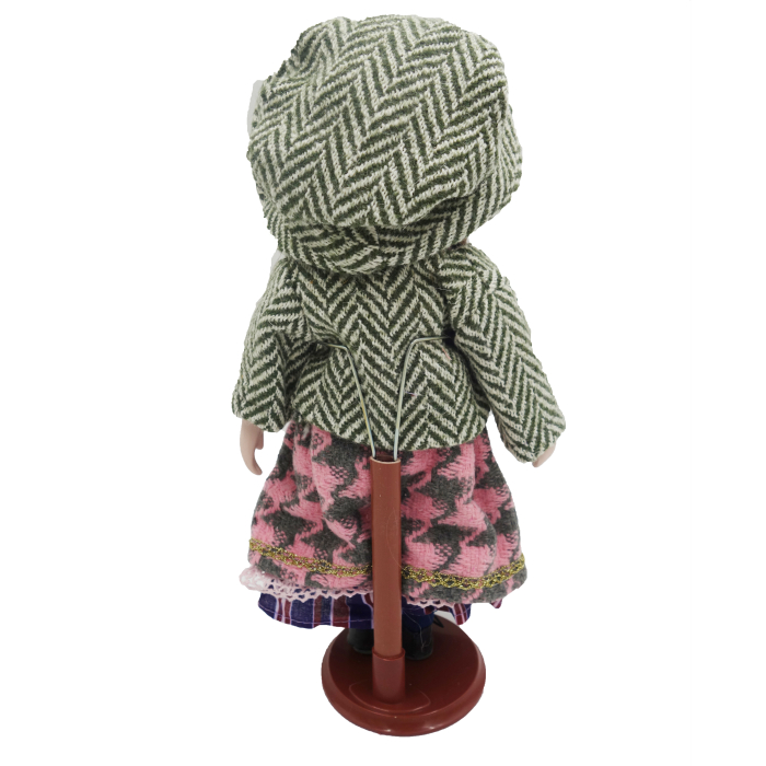 Păpușă de colecție, din porțelan, rochie vintage in carouri, 35 cm,roz/gri [3]