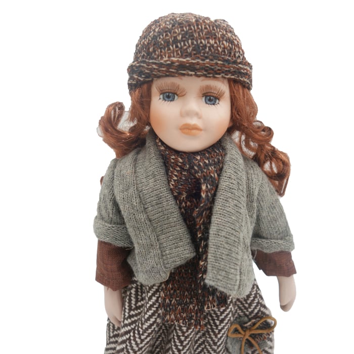 Păpușă de colecție, din porțelan, rochie vintage in carouri, 35 cm, gri [5]