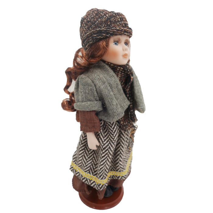 Păpușă de colecție, din porțelan, rochie vintage in carouri, 35 cm, gri [2]