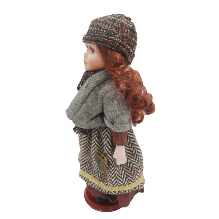 Păpușă de colecție, din porțelan, rochie vintage in carouri, 35 cm, gri [3]