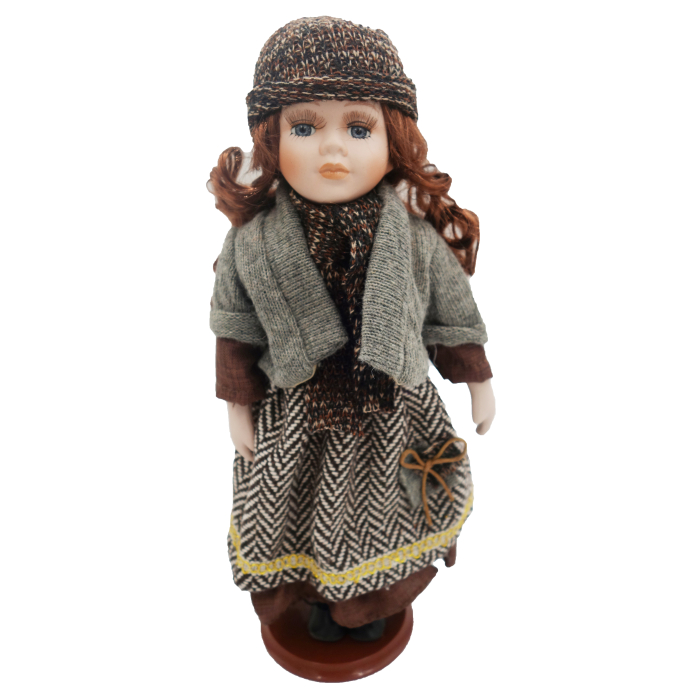 Păpușă de colecție, din porțelan, rochie vintage in carouri, 35 cm, gri [1]