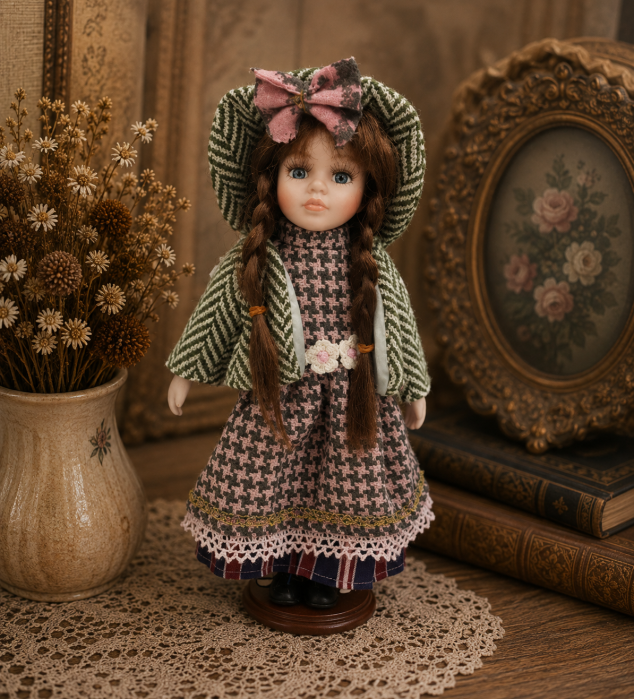 Păpușă de colecție, din porțelan, rochie vintage in carouri, 35 cm, roz/verde [1]