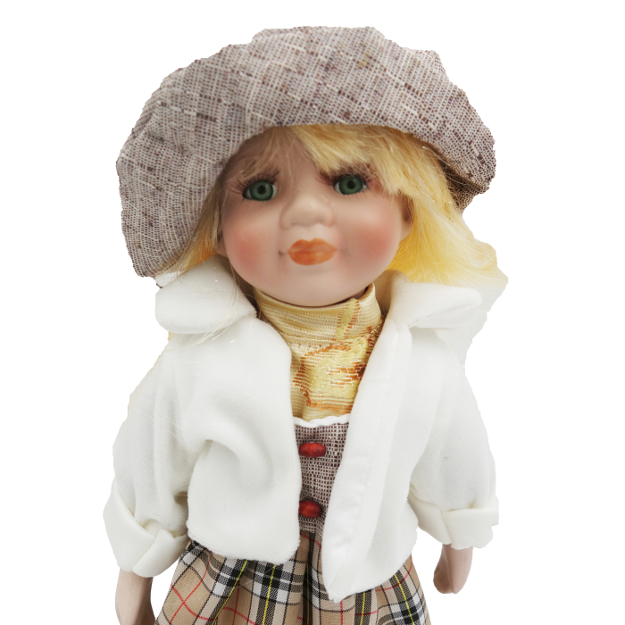 Păpușă de colecție, din porțelan, rochie vintage in carouri, 35 cm, alb/gri [3]