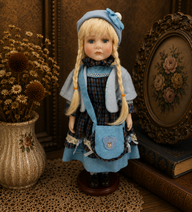 Păpușă de colecție, din porțelan, ținută casual vintage, albastra, cu suport, 45 cm [1]