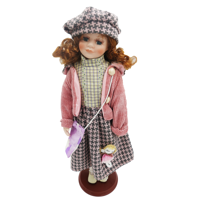 Păpușă de colecție, din porțelan, ținută casual vintage, roz-pudrat, cu suport, 45 cm [1]