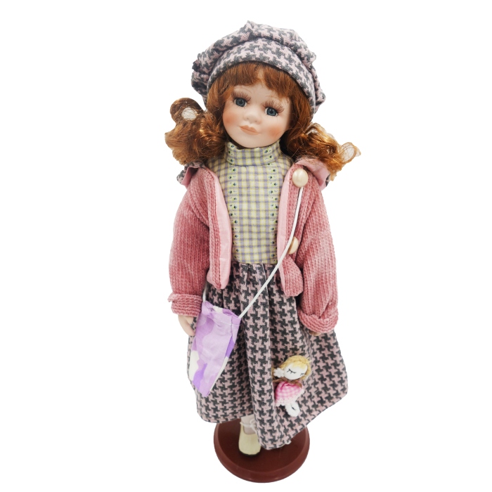 Păpușă de colecție, din porțelan, ținută casual vintage, roz-pudrat, cu suport, 45 cm [5]