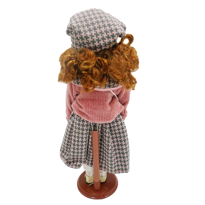 Păpușă de colecție, din porțelan, ținută casual vintage, roz-pudrat, cu suport, 45 cm [2]