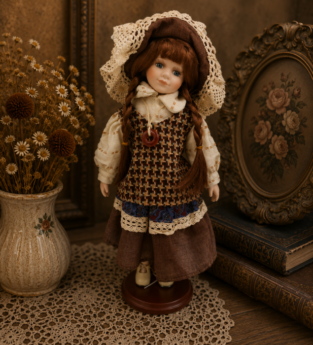 Păpușă de colecție, din porțelan, ținută casual vintage, maro, cu suport, 45 cm [1]