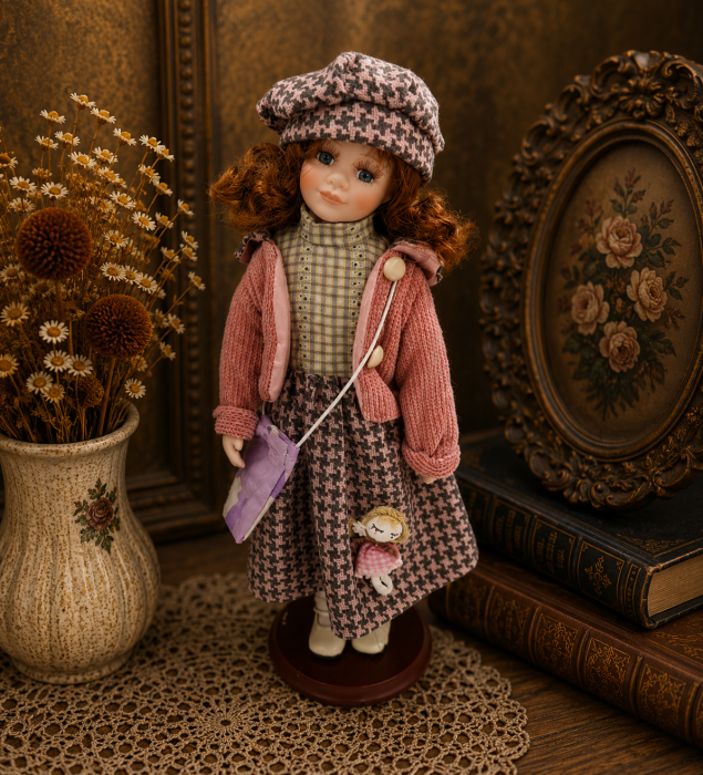 Păpușă de colecție, din porțelan, ținută casual vintage, roz-pudrat, cu suport, 45 cm [1]
