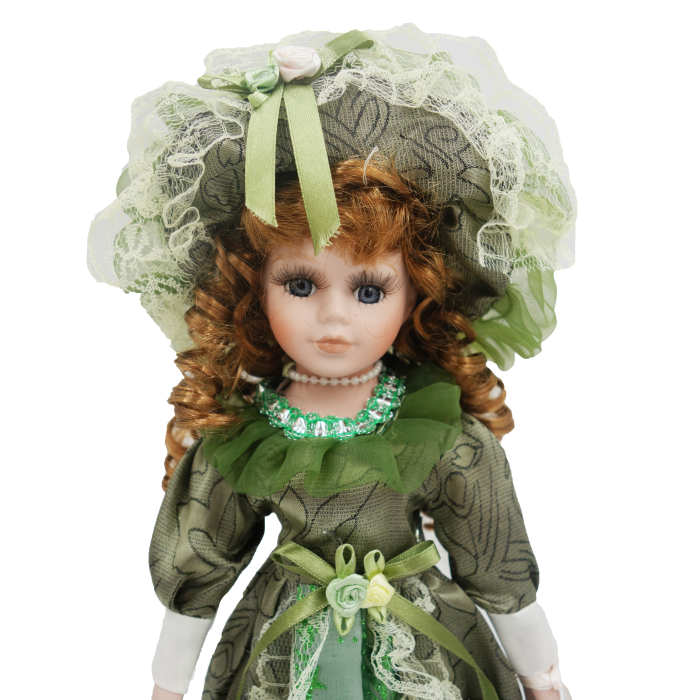 Păpușă de colecție verde smarald, din porțelan, rochie vintage, 34 cm [4]