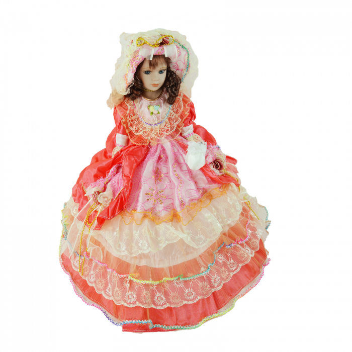 Papusa de colectie, Portelan, Rochie Vintage, cu muzica si miscare, portocaliu, 50 cm [2]