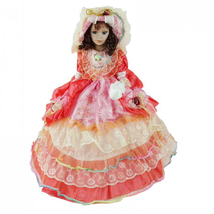 Papusa de colectie, Portelan, Rochie Vintage, cu muzica si miscare, portocaliu, 50 cm [1]