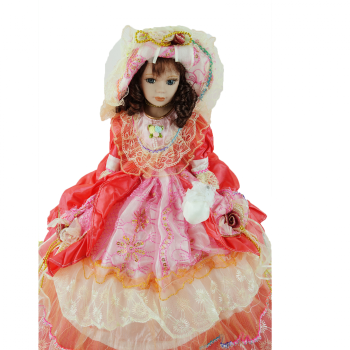 Papusa de colectie, Portelan, Rochie Vintage, cu muzica si miscare, portocaliu, 50 cm [6]