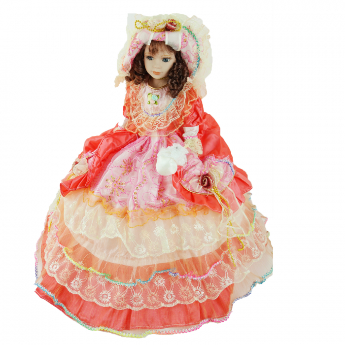 Papusa de colectie, Portelan, Rochie Vintage, cu muzica si miscare, portocaliu, 50 cm [3]