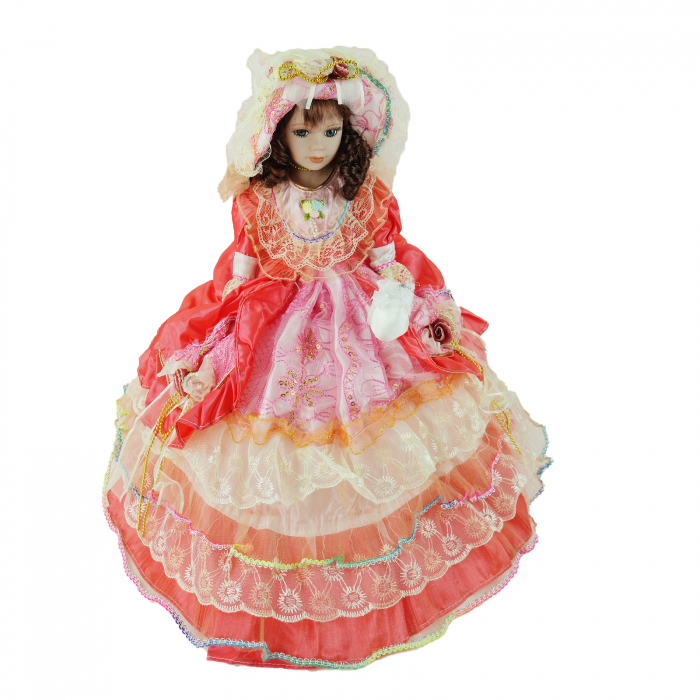 Papusa de colectie, Portelan, Rochie Vintage, cu muzica si miscare, portocaliu, 50 cm [5]