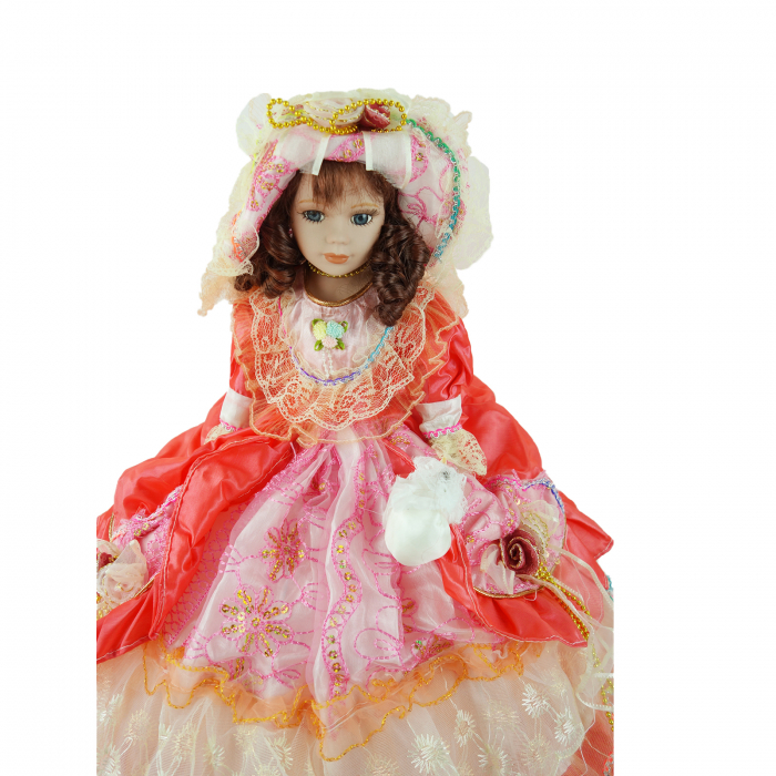 Papusa de colectie, Portelan, Rochie Vintage, cu muzica si miscare, portocaliu, 50 cm [4]