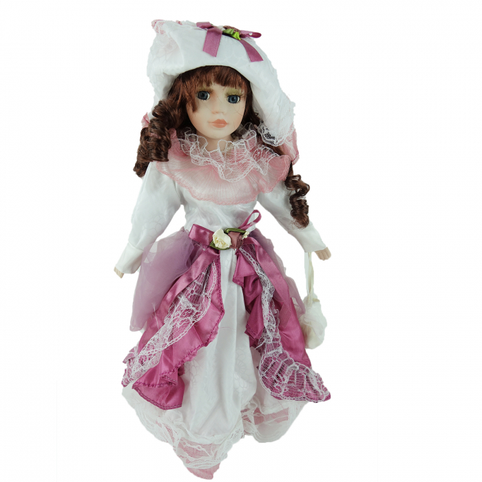 Papusa de colectie, stil Victorian, cu suport, roz cu alb, 40 cm [4]