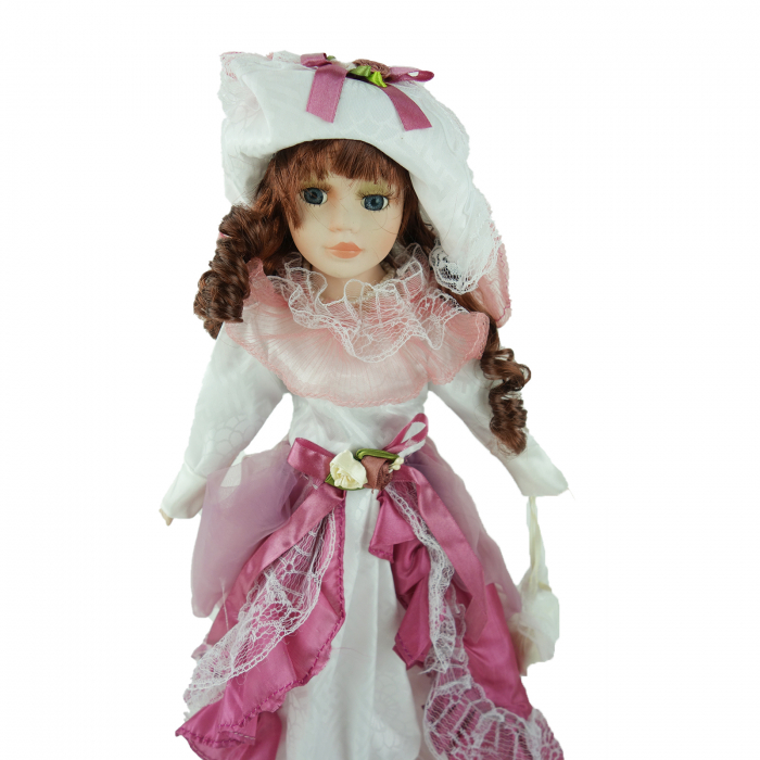Papusa de colectie, stil Victorian, cu suport, roz cu alb, 40 cm [3]