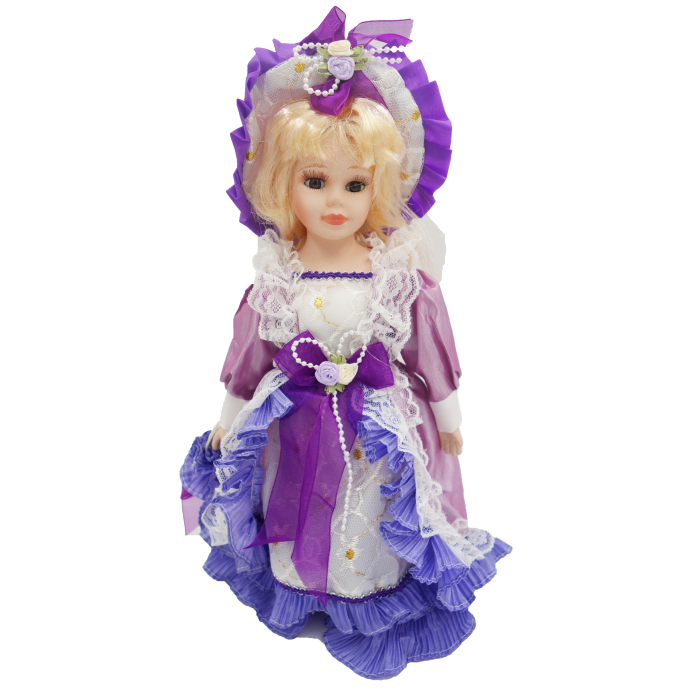 Păpușă de colecție, din porțelan, rochie vintage, 34 cm, mov [1]