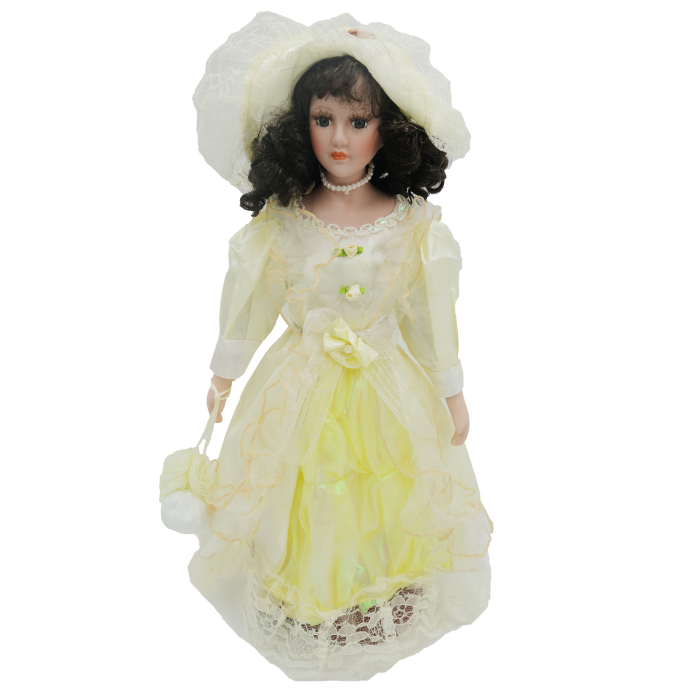 Păpușă din porțelan, de colecție, rochie victoriana, galben, cu suport, 45 cm [1]