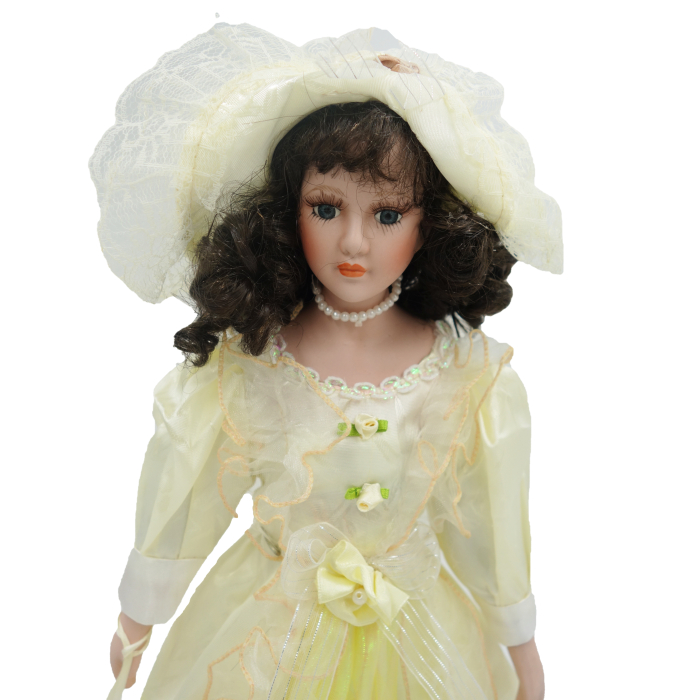 Păpușă din porțelan, de colecție, rochie victoriana, galben, cu suport, 45 cm [2]