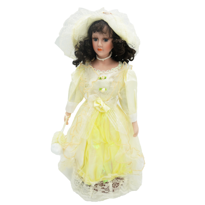 Păpușă din porțelan, de colecție, rochie victoriana, galben, cu suport, 45 cm [5]