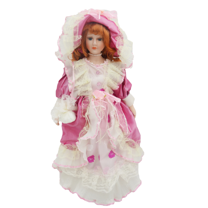 Păpușă din porțelan, de colecție, rochie victoriana, roz, cu suport, 45 cm [3]
